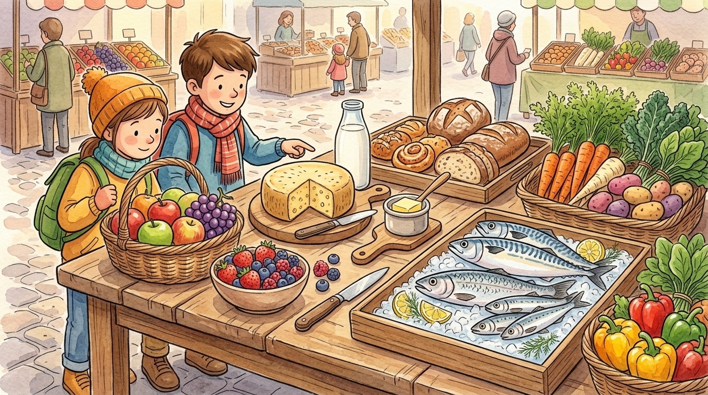 Deux enfants sur un marché devant un étal de fruits, légumes, fromage, pain et poissons frais